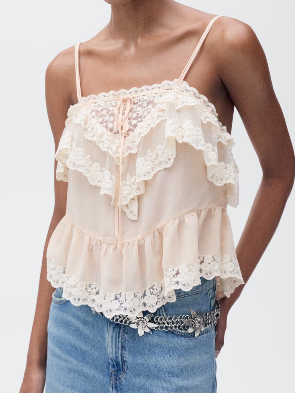 Mango Ruffle And Lace Cami In White